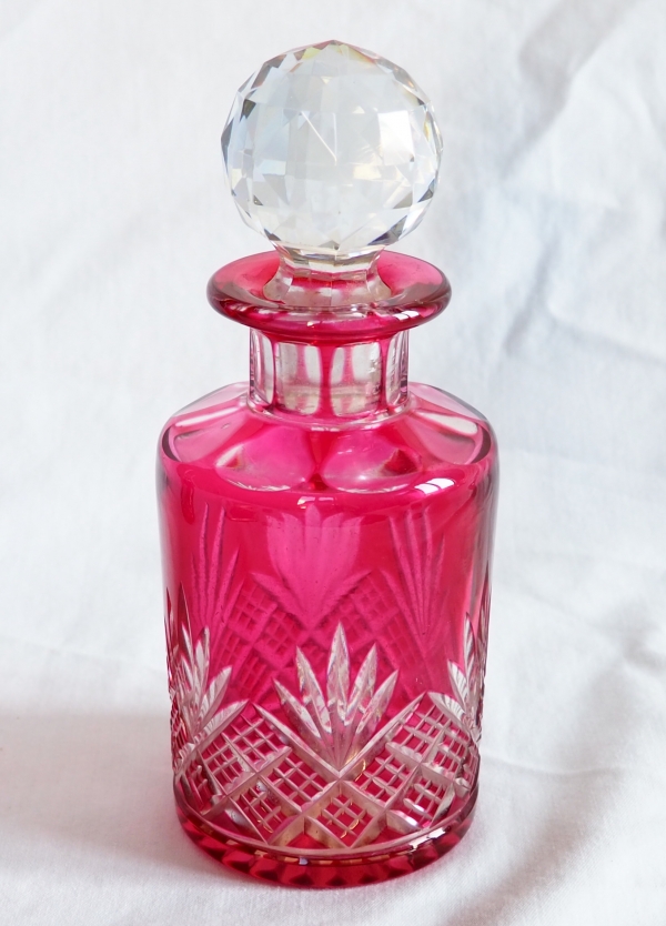 Antique French Baccarat crystal perfume bottle, pink overlay crystal, Douai pattern - 19.2cm - paper sticker