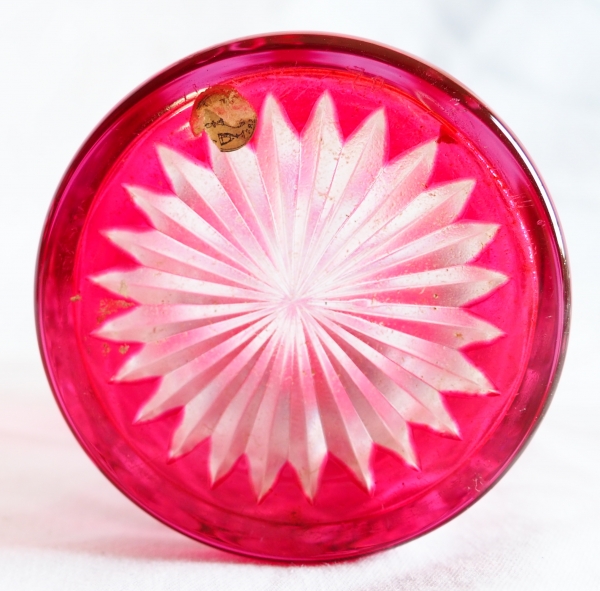 Antique French Baccarat crystal perfume bottle, pink overlay crystal, Douai pattern - 19.2cm - paper sticker