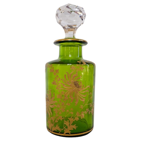 Tall Art Nouveau Baccarat crystal perfume bottle, green crystal enhanced with fine gold