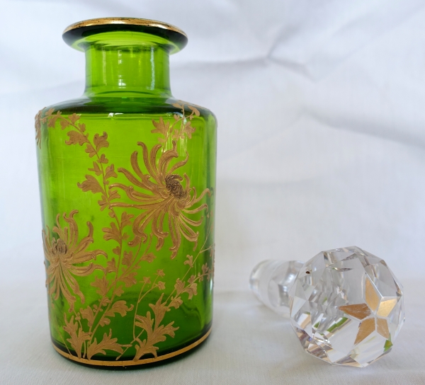 Tall Art Nouveau Baccarat crystal perfume bottle, green crystal enhanced with fine gold