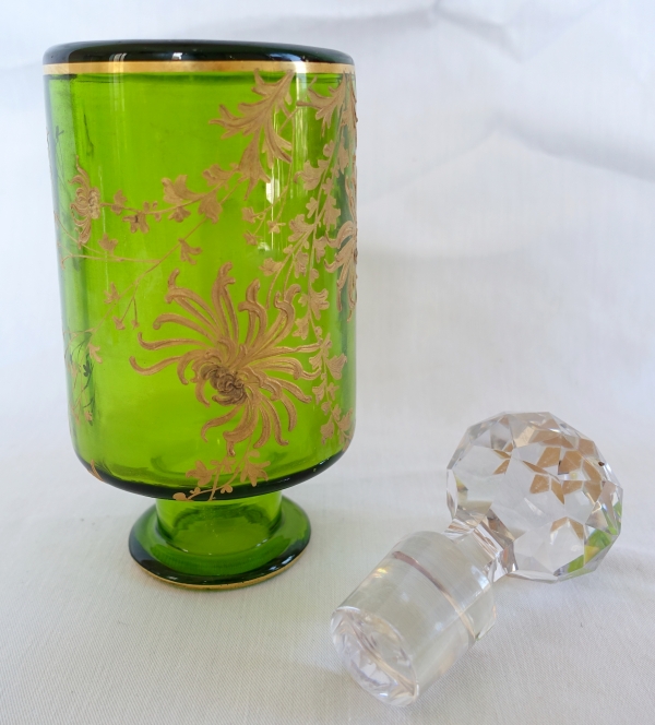 Tall Art Nouveau Baccarat crystal perfume bottle, green crystal enhanced with fine gold