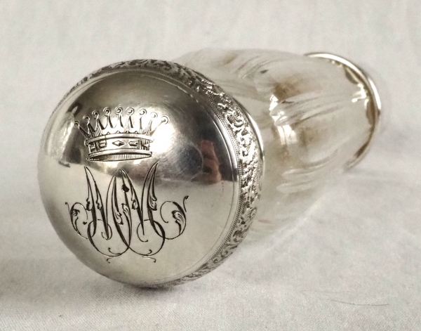 Couronne de Comte - flasque à alcool de chasse, monogramme M, cristal et argent massif Minerve