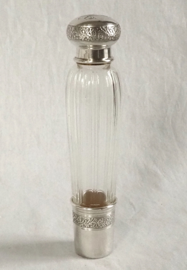 Couronne de Comte - flasque à alcool de chasse, monogramme M, cristal et argent massif Minerve