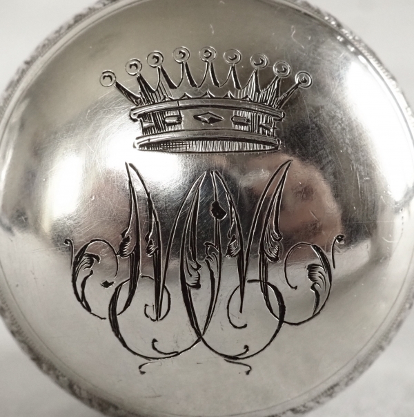 Couronne de Comte - flasque à alcool de chasse, monogramme M, cristal et argent massif Minerve