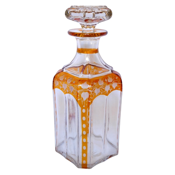 Baccarat crystal liquor decanter, rare orange overlay pattern