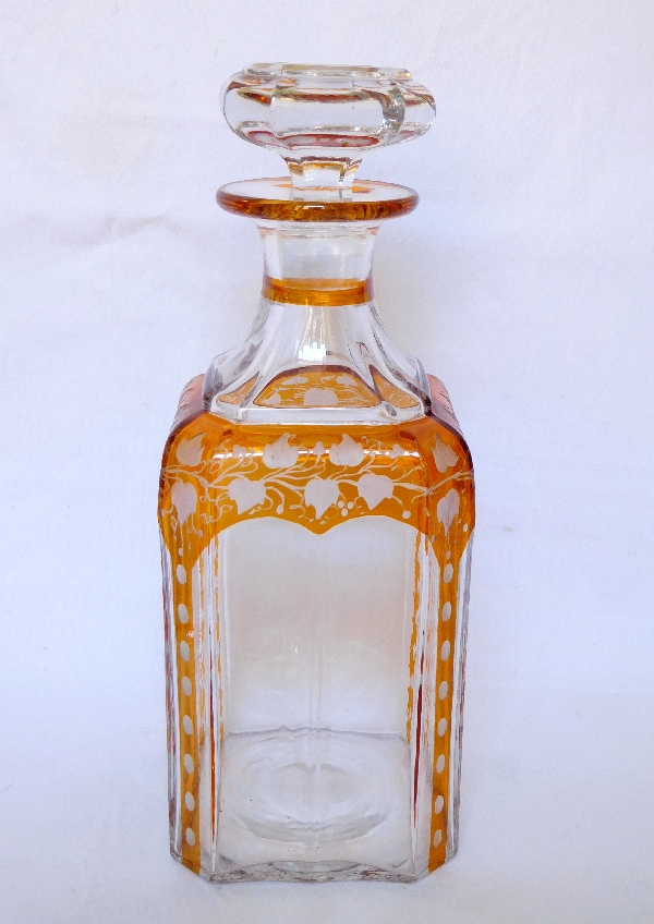 Baccarat crystal liquor decanter, rare orange overlay pattern