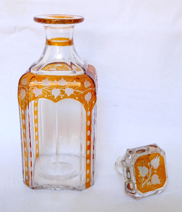 Baccarat crystal liquor decanter, rare orange overlay pattern