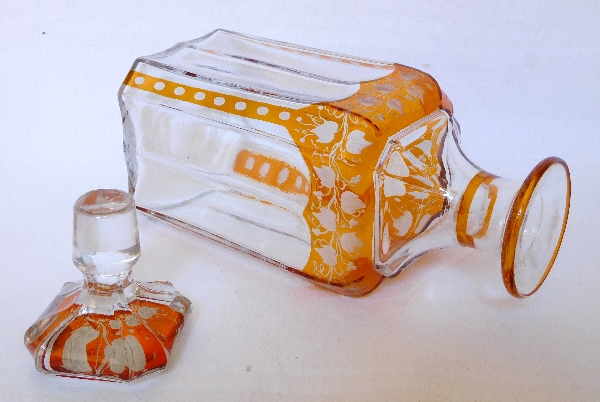 Baccarat crystal liquor decanter, rare orange overlay pattern