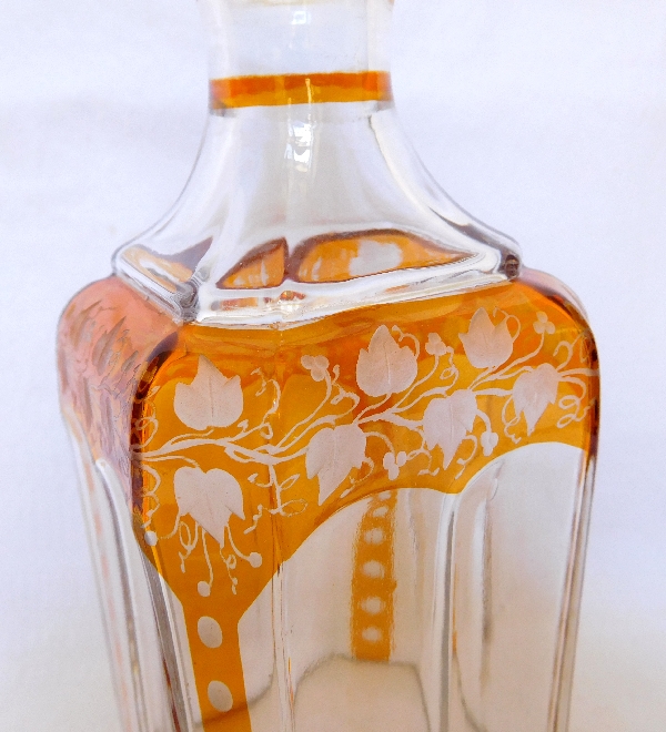 Baccarat crystal liquor decanter, rare orange overlay pattern