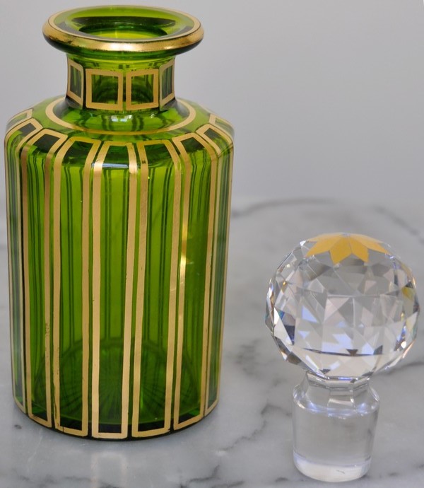 Green, tall Baccarat crystal perfume bottle gilt with fine gold