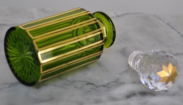 Green, tall Baccarat crystal perfume bottle gilt with fine gold