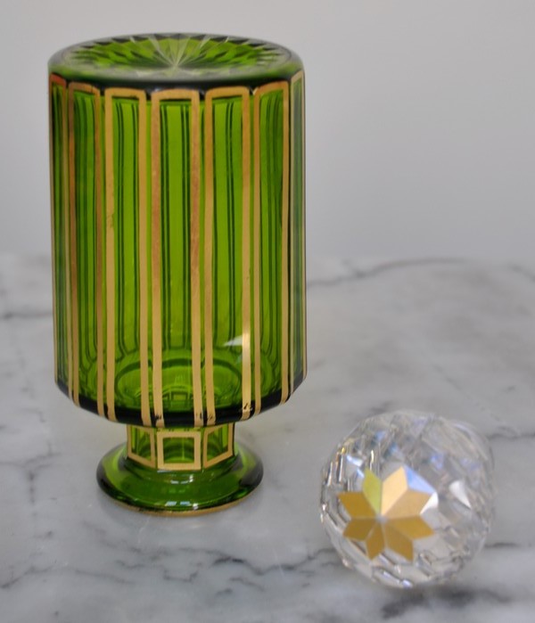 Green, tall Baccarat crystal perfume bottle gilt with fine gold