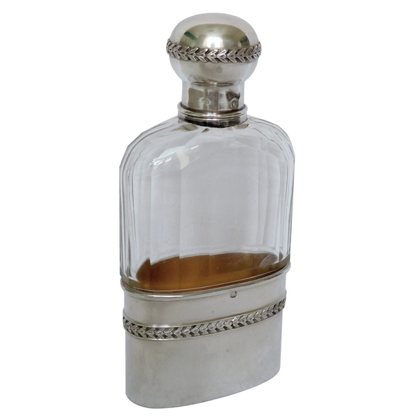 Alcohol traveling or hunting flask, crystal & sterling silver, France - early 20th century