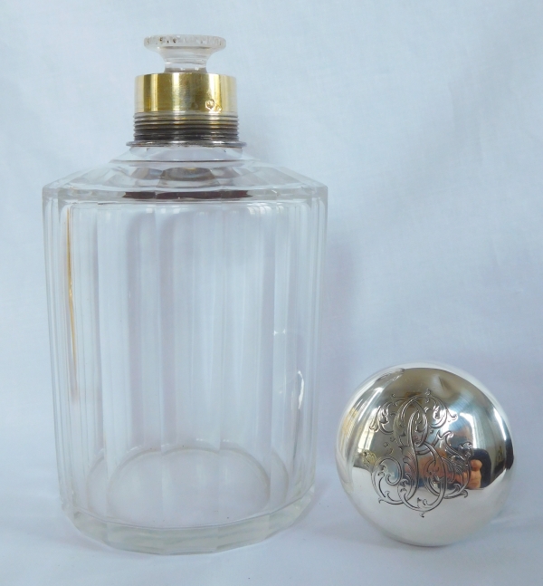 Baccarat crystal and sterling silver travel whisky bottle - silversmith Linzeler