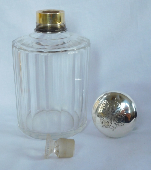 Baccarat crystal and sterling silver travel whisky bottle - silversmith Linzeler