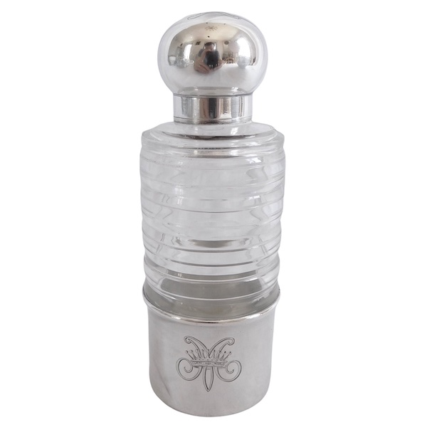 Flasque à alcool de chasse, monogramme M et couronne de Comte, cristal & argent massif, poinçon Minerve