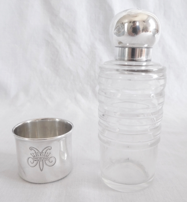 Crystal and sterling silver alcohol flask, crown of Count engraved