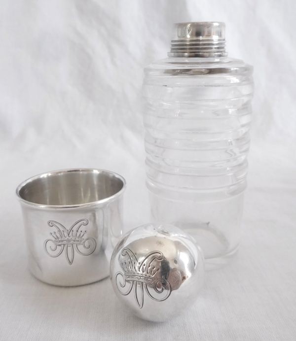 Crystal and sterling silver alcohol flask, crown of Count engraved