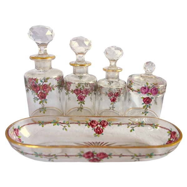 Garniture de toilette 5 pièces en cristal de Baccarat émaillé et doré - modèle Bouquet de Roses