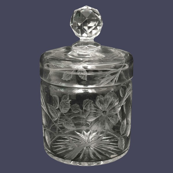 Baccarat crystal powder box, rare cut & engraved wild roses pattern