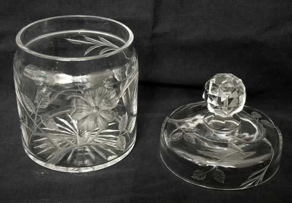 Baccarat crystal powder box, rare cut & engraved wild roses pattern