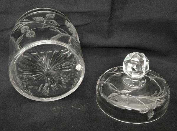 Baccarat crystal powder box, rare cut & engraved wild roses pattern