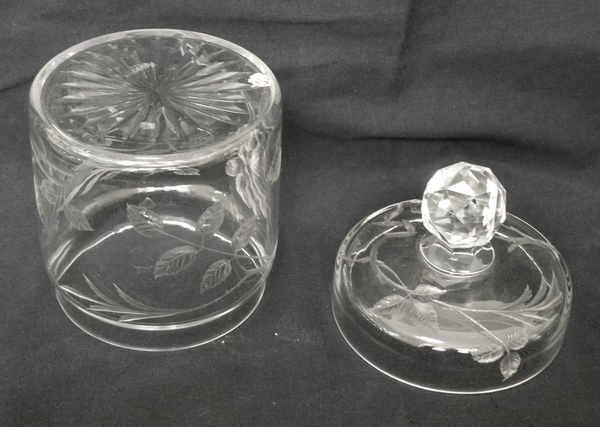 Baccarat crystal powder box, rare cut & engraved wild roses pattern