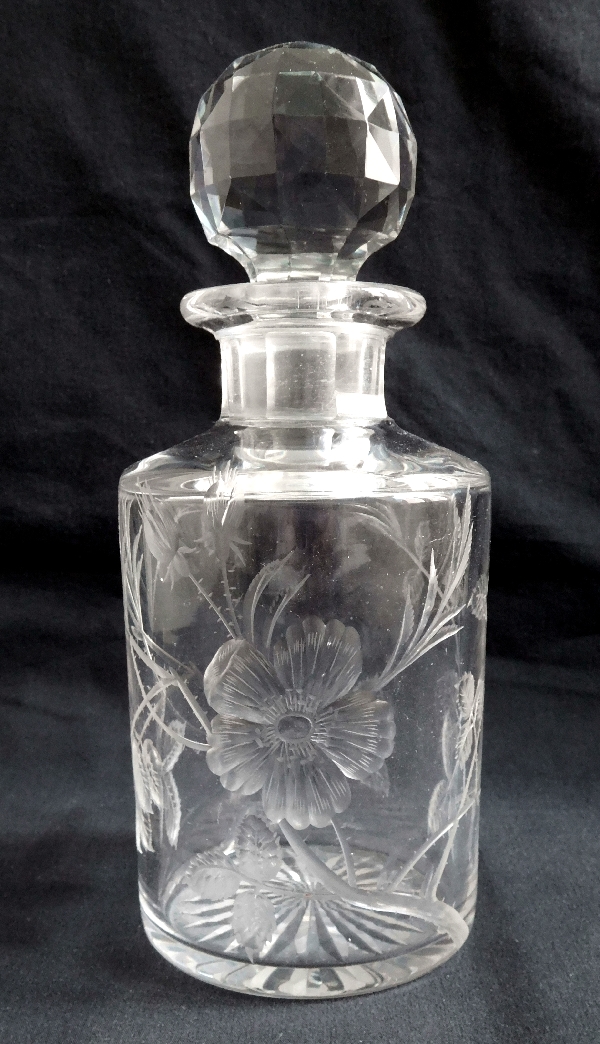 Baccarat crystal perfume bottle, rare cut & engraved wild roses pattern - 18.8