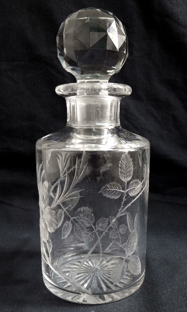 Baccarat crystal perfume bottle, rare cut & engraved wild roses pattern - 18.8