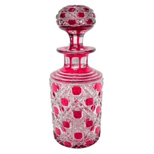 Baccarat overlay crystal perfume bottle, Diamants Pierreries pattern, pink overlay crystal - 21.2cm