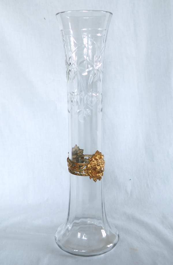 Tall Baccarat crystal vase, gilt brass lion mufle-shaped frame - circa 1900