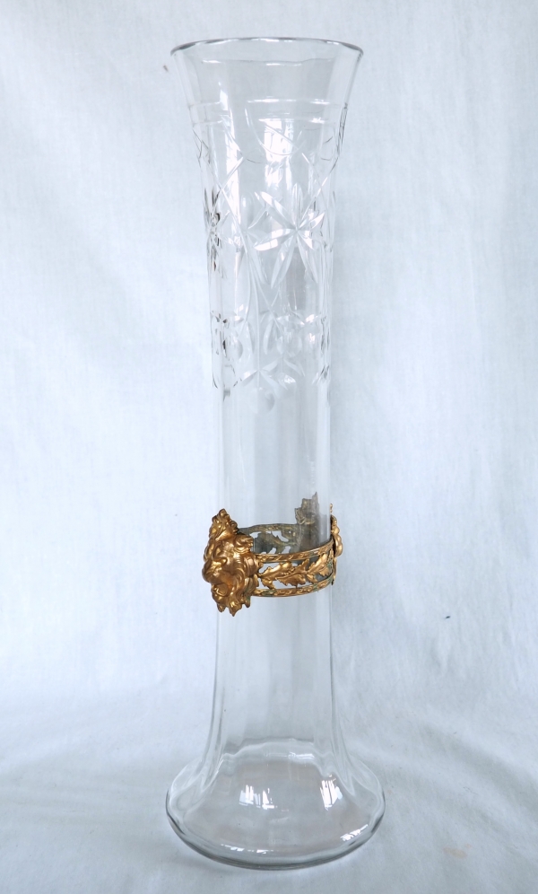 Tall Baccarat crystal vase, gilt brass lion mufle-shaped frame - circa 1900