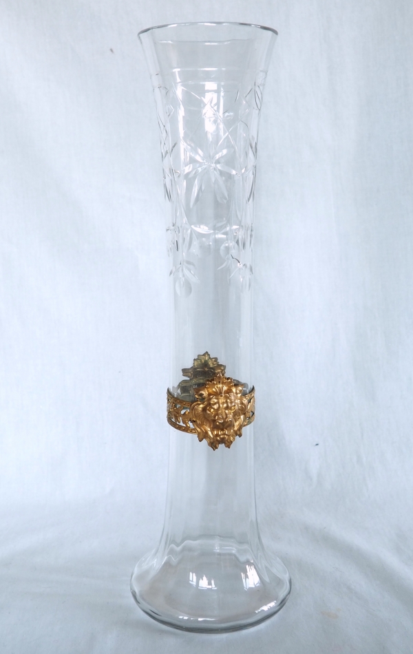 Tall Baccarat crystal vase, gilt brass lion mufle-shaped frame - circa 1900