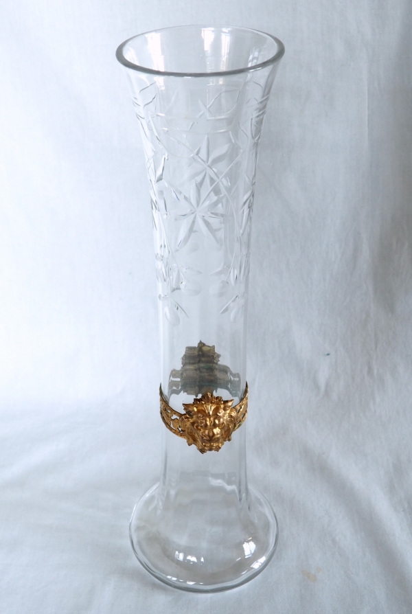 Tall Baccarat crystal vase, gilt brass lion mufle-shaped frame - circa 1900