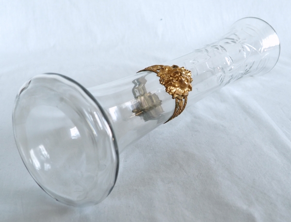 Tall Baccarat crystal vase, gilt brass lion mufle-shaped frame - circa 1900
