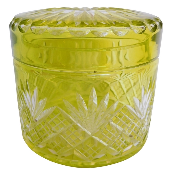 Antique French Baccarat crystal powder box, light green overlay crystal, Douai pattern