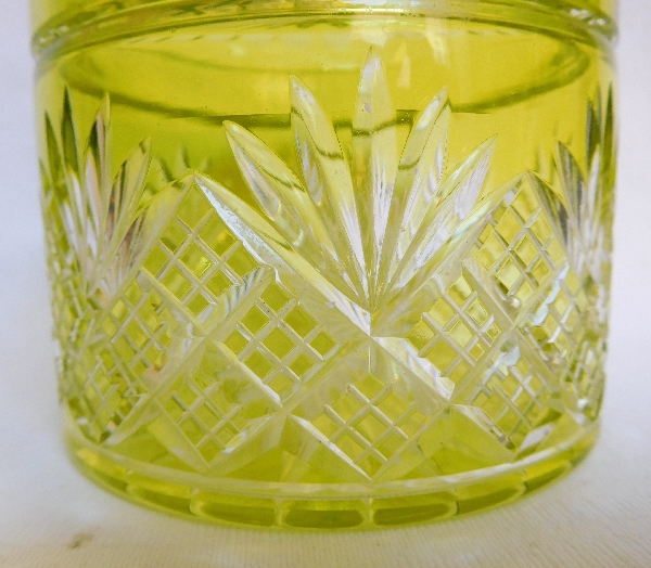 Antique French Baccarat crystal powder box, light green overlay crystal, Douai pattern