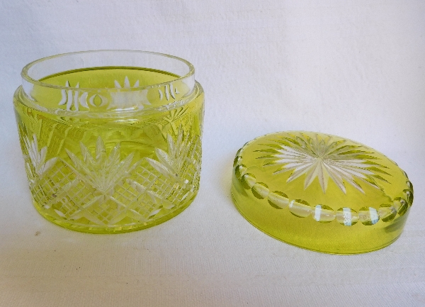 Antique French Baccarat crystal powder box, light green overlay crystal, Douai pattern