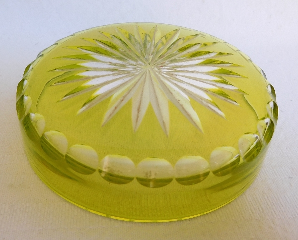 Antique French Baccarat crystal powder box, light green overlay crystal, Douai pattern