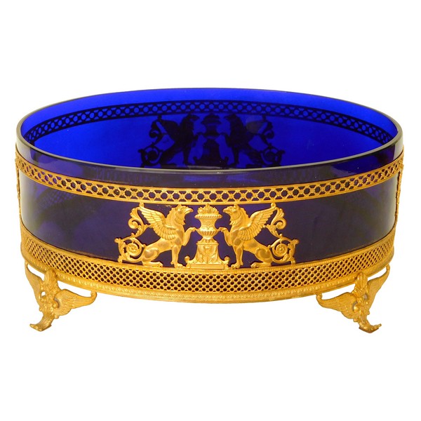 Baccarat crystal and ormolu planter, cobalt blue glass, Empire style, circa 1900