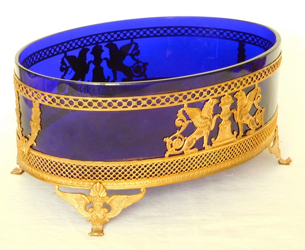 Baccarat crystal and ormolu planter, cobalt blue glass, Empire style, circa 1900