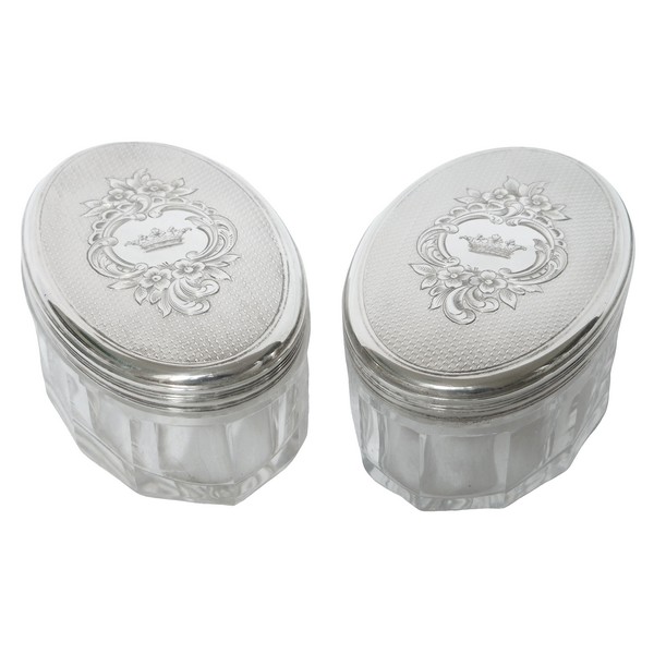 Pair of crystal and sterling silver powder boxes, crown of Marquis, circa 1860