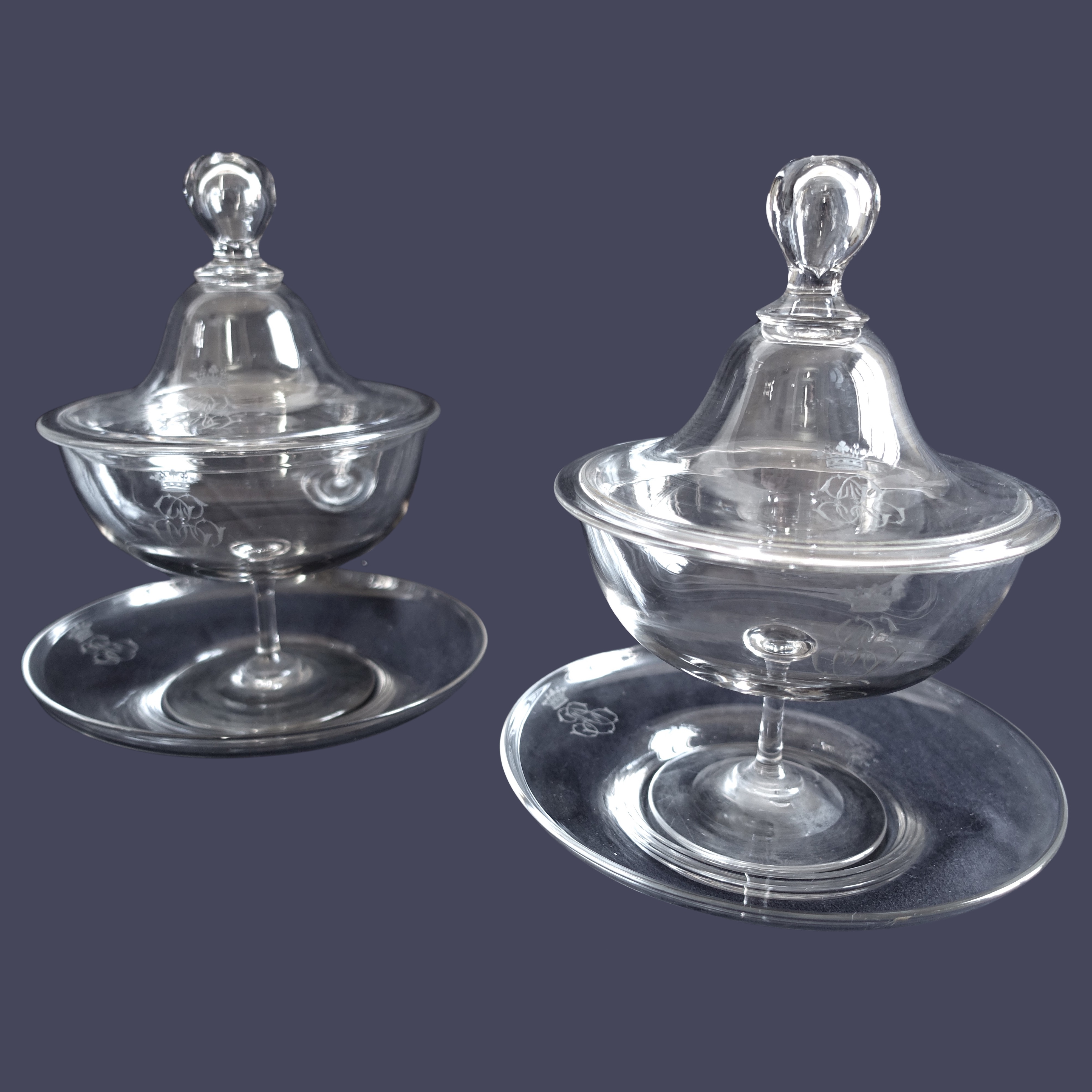 Pair of Baccarat crystal candy bowls, crown of marquis engraved