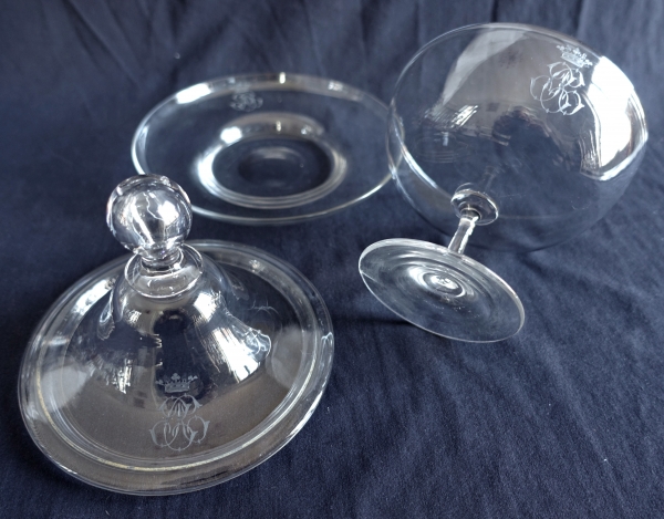 Pair of Baccarat crystal candy bowls, crown of marquis engraved