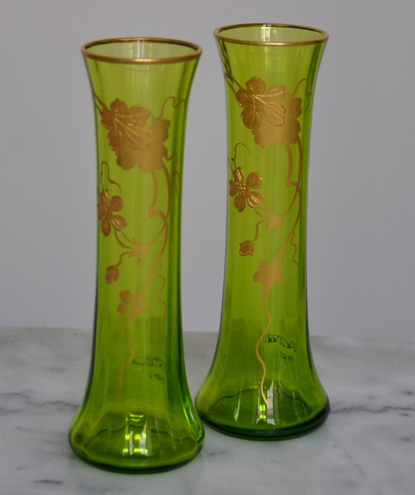 Pair of Baccarat crystal single-flower vases enhanced with fine gold, signed