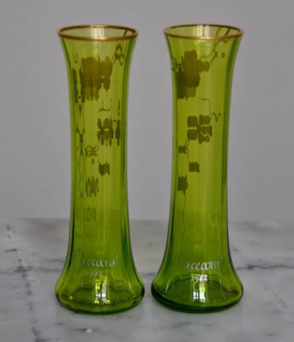 Pair of Baccarat crystal single-flower vases enhanced with fine gold, signed