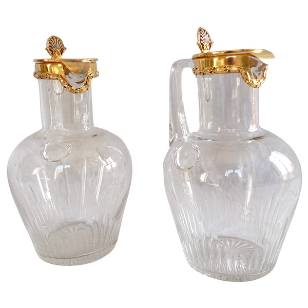 Pair of Baccarat crystal and vermeil (sterling silver) pitchers / bottles - Jeux d'Orgues pattern
