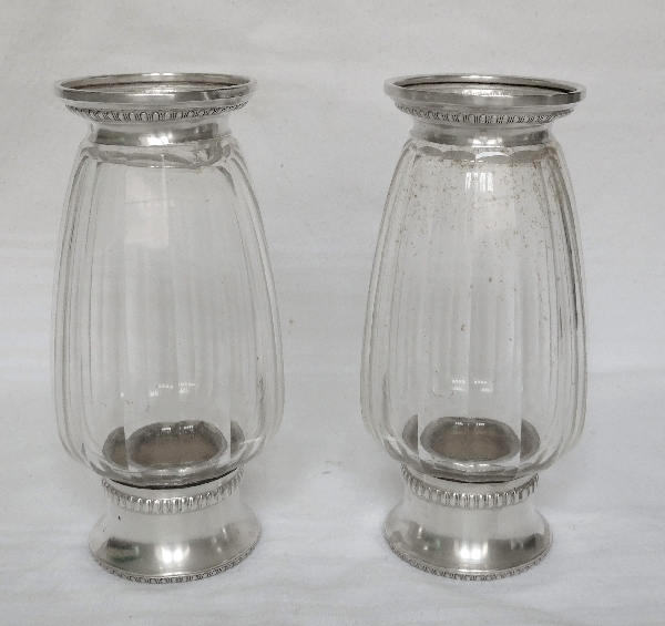 Pair of Baccarat crystal vases, Malmaison pattern, sterling silver structure