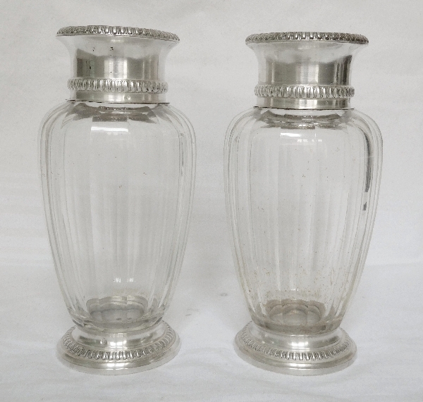 Pair of Baccarat crystal vases, Malmaison pattern, sterling silver structure