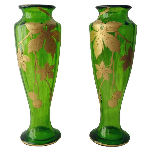 Pair of Baccarat green crystal vases, Platanes pattern enhanced with fine gold